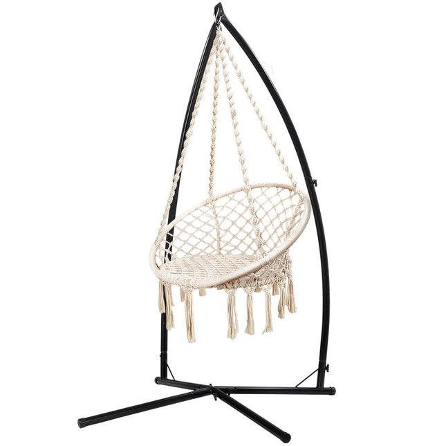 Gardeon Hammock Chair with Steel Stand Macrame Outdoor Swinging Cream.