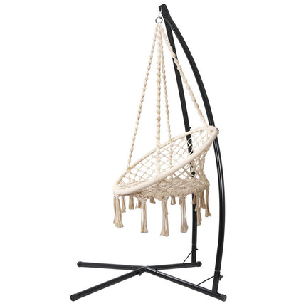Gardeon Hammock Chair with Steel Stand Macrame Outdoor Swinging Cream.