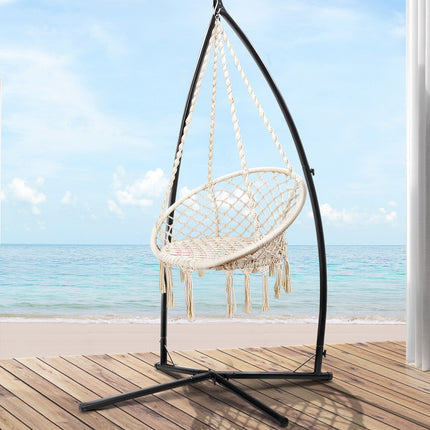 Gardeon Hammock Chair with Steel Stand Macrame Outdoor Swinging Cream.