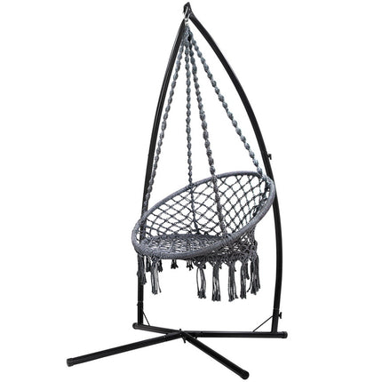 Gardeon Hammock Chair with Steel Stand Macrame Outdoor Swinging Grey.