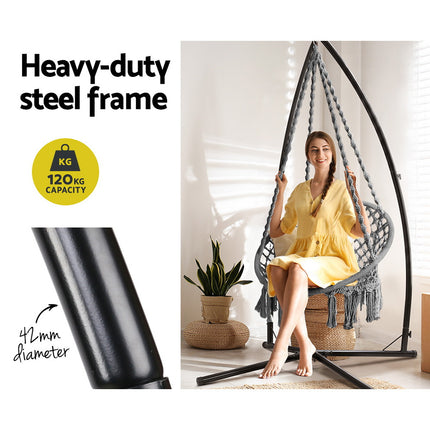 Gardeon Hammock Chair with Steel Stand Macrame Outdoor Swinging Grey.