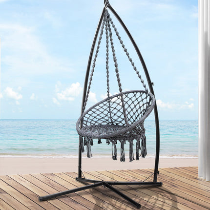 Gardeon Hammock Chair with Steel Stand Macrame Outdoor Swinging Grey.