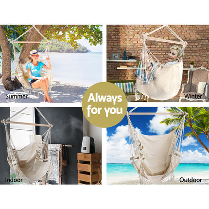 Gardeon Hanging Hammock Chair Outdoor Swing Hammocks Tassel Cream.
