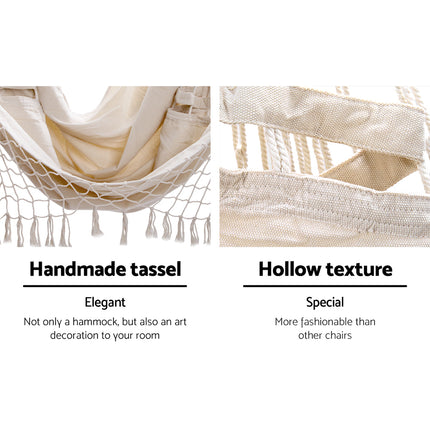 Gardeon Hanging Hammock Chair Outdoor Swing Hammocks Tassel Cream.