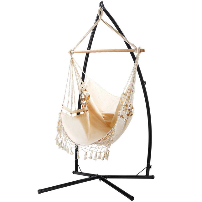 Gardeon Hammock Chair with Steel Stand Hanging Outdoor Tassel Cream.