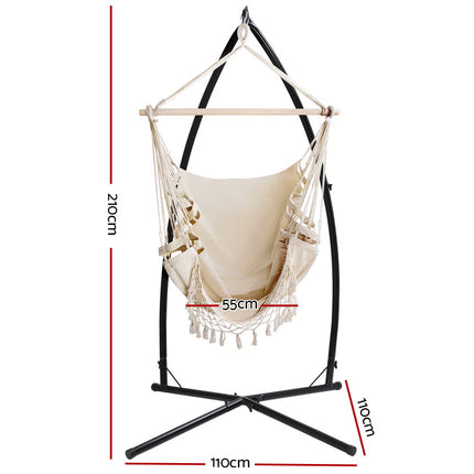 Gardeon Hammock Chair with Steel Stand Hanging Outdoor Tassel Cream.