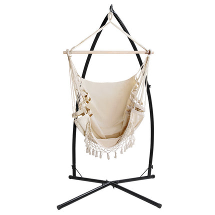 Gardeon Hammock Chair with Steel Stand Hanging Outdoor Tassel Cream.