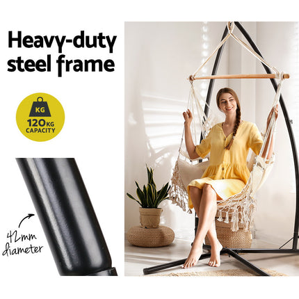Gardeon Hammock Chair with Steel Stand Hanging Outdoor Tassel Cream.