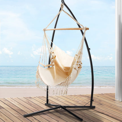 Gardeon Hammock Chair with Steel Stand Hanging Outdoor Tassel Cream.