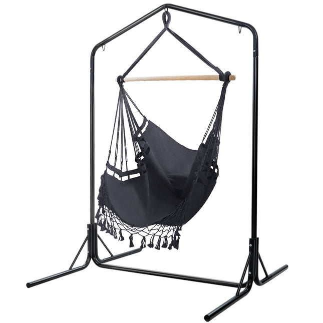 Gardeon Outdoor Hammock Chair with Stand Tassel Hanging Rope Hammocks Grey.