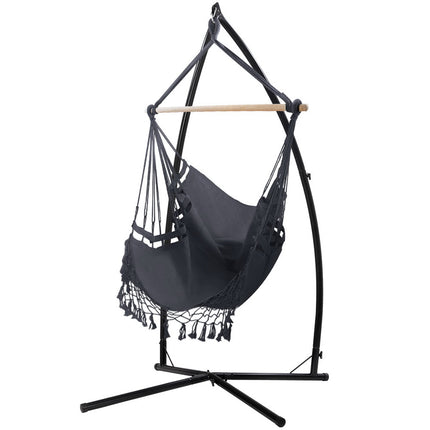 Gardeon Hammock Chair with Steel Stand Hanging Outdoor Tassel Grey.