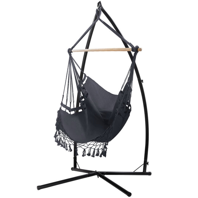 Gardeon Hammock Chair with Steel Stand Hanging Outdoor Tassel Grey.