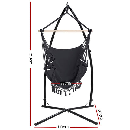 Gardeon Hammock Chair with Steel Stand Hanging Outdoor Tassel Grey.
