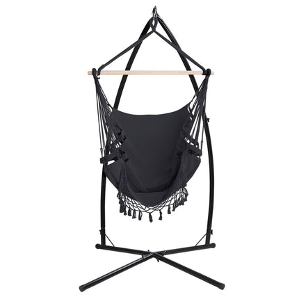 Gardeon Hammock Chair with Steel Stand Hanging Outdoor Tassel Grey.