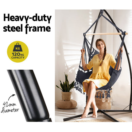 Gardeon Hammock Chair with Steel Stand Hanging Outdoor Tassel Grey.