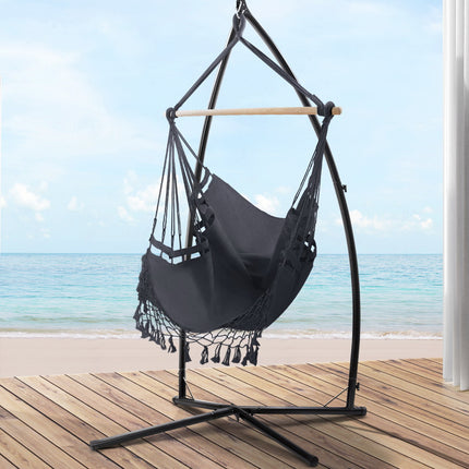 Gardeon Hammock Chair with Steel Stand Hanging Outdoor Tassel Grey.