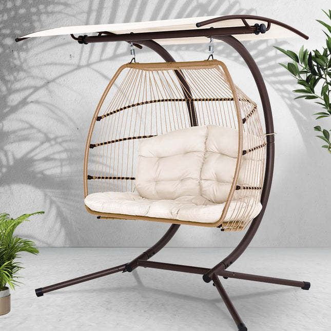 Gardeon Outdoor Egg Swing Chair Wicker Furniture Pod Stand Canopy 2 Seater Latte.