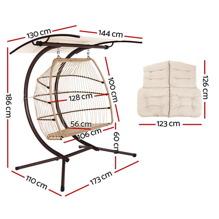 Gardeon Outdoor Egg Swing Chair Wicker Furniture Pod Stand Canopy 2 Seater Latte.