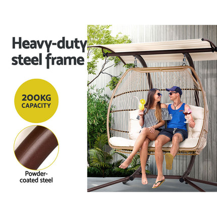 Gardeon Outdoor Egg Swing Chair Wicker Furniture Pod Stand Canopy 2 Seater Latte.