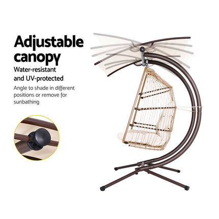 Gardeon Outdoor Egg Swing Chair Wicker Furniture Pod Stand Canopy 2 Seater Latte.