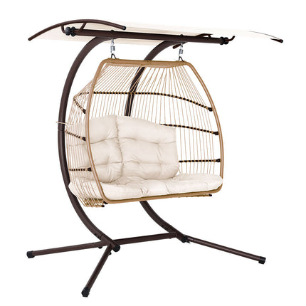 Gardeon Outdoor Egg Swing Chair Wicker Furniture Pod Stand Canopy 2 Seater Latte.