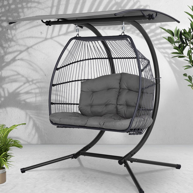 Gardeon Outdoor Egg Swing Chair Wicker Furniture Pod Stand Canopy 2 Seater Grey.