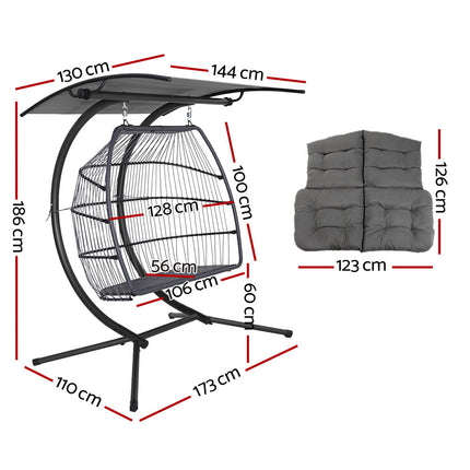 Gardeon Outdoor Egg Swing Chair Wicker Furniture Pod Stand Canopy 2 Seater Grey.