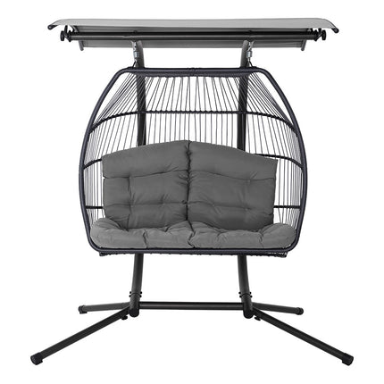 Gardeon Outdoor Egg Swing Chair Wicker Furniture Pod Stand Canopy 2 Seater Grey.