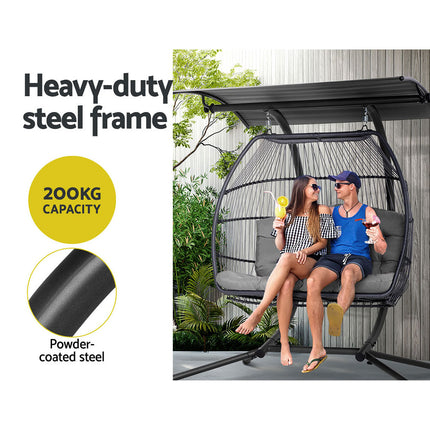 Gardeon Outdoor Egg Swing Chair Wicker Furniture Pod Stand Canopy 2 Seater Grey.