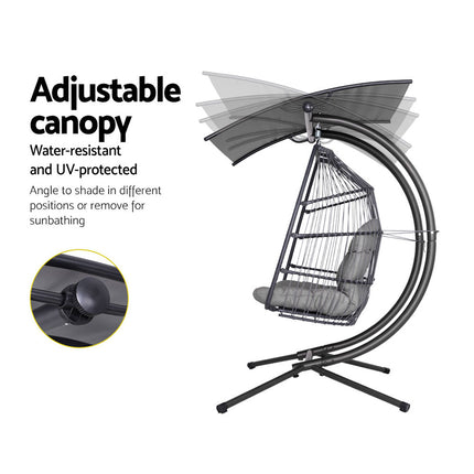 Gardeon Outdoor Egg Swing Chair Wicker Furniture Pod Stand Canopy 2 Seater Grey.