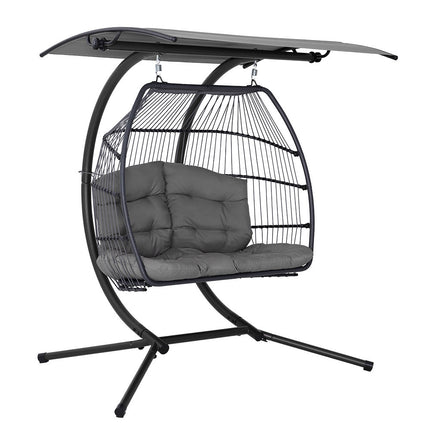 Gardeon Outdoor Egg Swing Chair Wicker Furniture Pod Stand Canopy 2 Seater Grey.