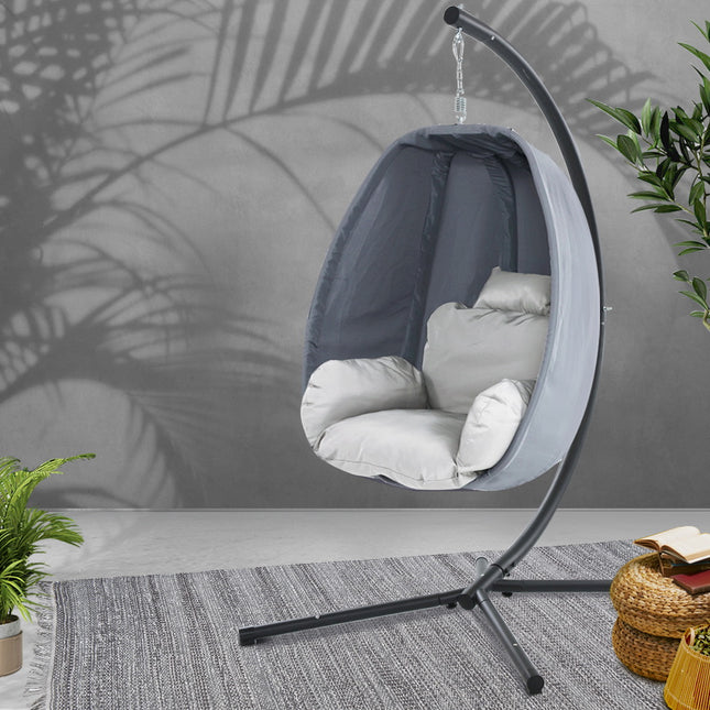 Gardeon Outdoor Egg Swing Chair Patio Furniture Pod Stand Canopy Foldable Grey.