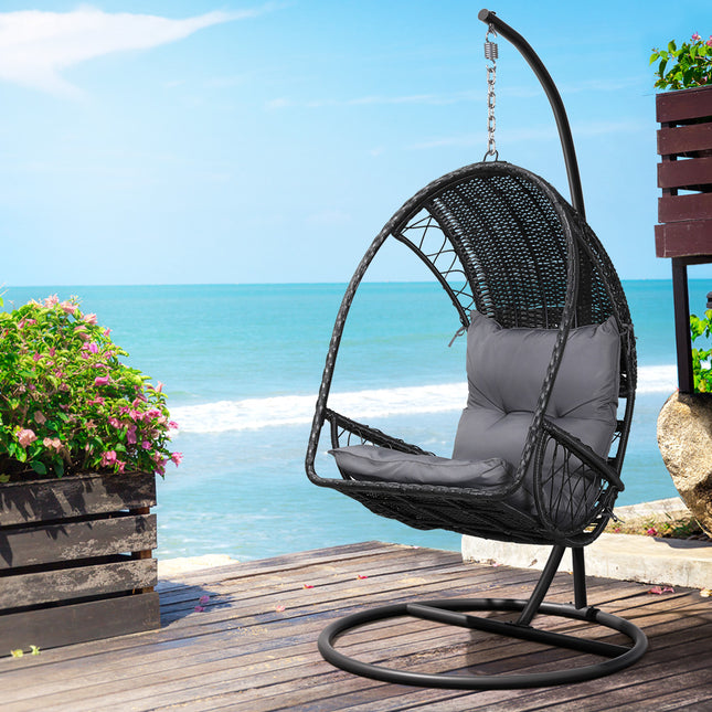 Gardeon Outdoor Egg Swing Chair Wicker Furniture Pod Stand Armrest Black.