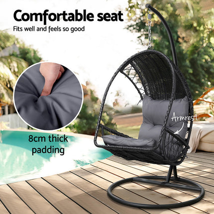 Gardeon Outdoor Egg Swing Chair Wicker Furniture Pod Stand Armrest Black.