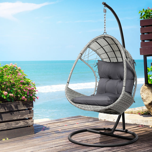 Gardeon Outdoor Egg Swing Chair Wicker Furniture Pod Stand Armrest Light Grey.