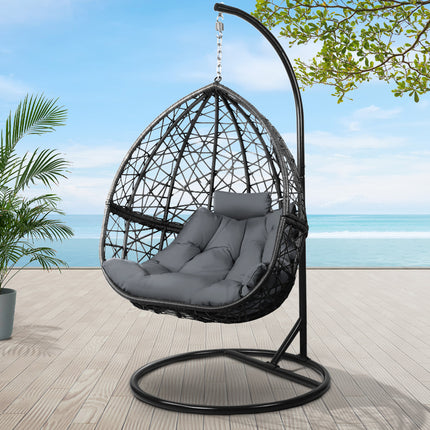Gardeon Outdoor Egg Swing Chair Wicker Rattan Furniture Pod Stand Cushion Grey.