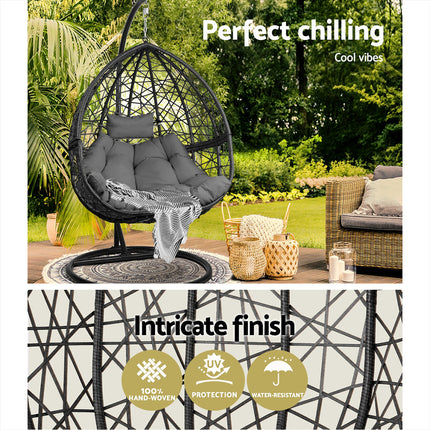 Gardeon Outdoor Egg Swing Chair Wicker Rattan Furniture Pod Stand Cushion Grey.