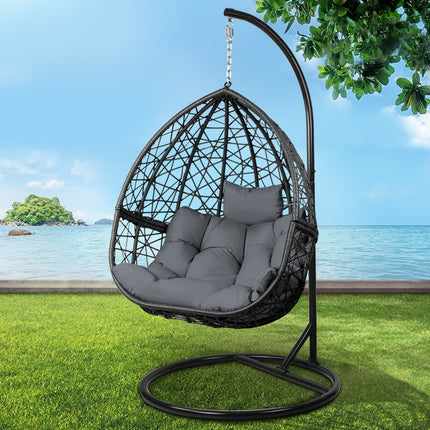 Gardeon Outdoor Egg Swing Chair Wicker Rattan Furniture Pod Stand Cushion Grey.