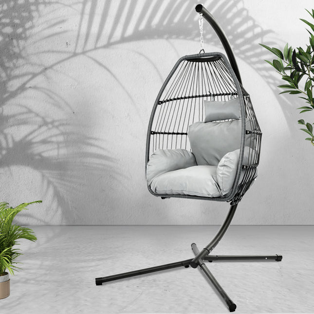 Gardeon Outdoor Egg Swing Chair Wicker Rope Furniture Pod Stand Cushion Grey.