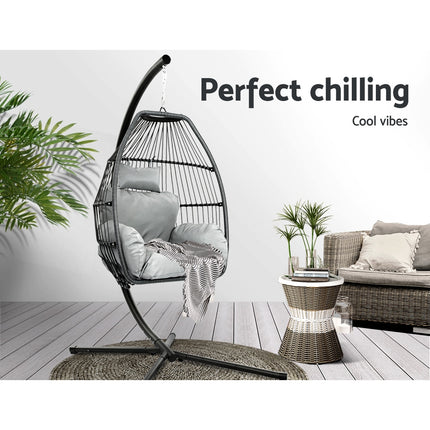 Gardeon Outdoor Egg Swing Chair Wicker Rope Furniture Pod Stand Cushion Grey.