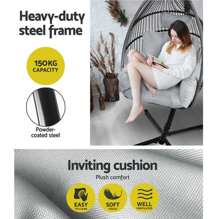 Gardeon Outdoor Egg Swing Chair Wicker Rope Furniture Pod Stand Cushion Grey.