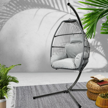 Gardeon Outdoor Egg Swing Chair Wicker Rope Furniture Pod Stand Cushion Grey.