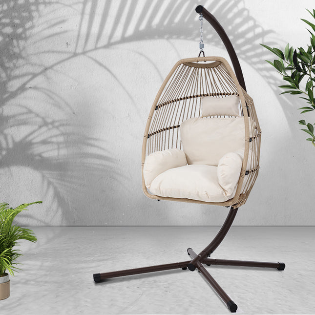 Gardeon Outdoor Egg Swing Chair Hanging Chair Wicker Rope Pod Stand Cushion Latte.