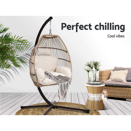Gardeon Outdoor Egg Swing Chair Hanging Chair Wicker Rope Pod Stand Cushion Latte.