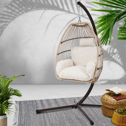 Gardeon Outdoor Egg Swing Chair Hanging Chair Wicker Rope Pod Stand Cushion Latte.