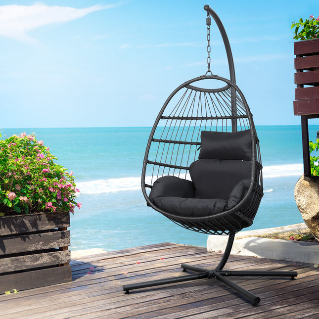 Gardeon Outdoor Egg Swing Chair Hanging Chair Wicker Rope Pod Stand Foldable Grey.
