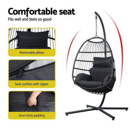 Gardeon Outdoor Egg Swing Chair Hanging Chair Wicker Rope Pod Stand Foldable Grey.