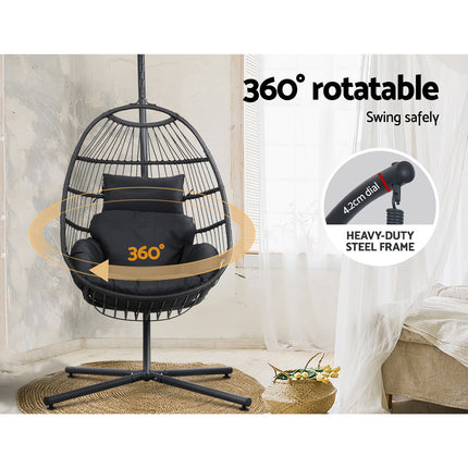 Gardeon Outdoor Egg Swing Chair Hanging Chair Wicker Rope Pod Stand Foldable Grey.