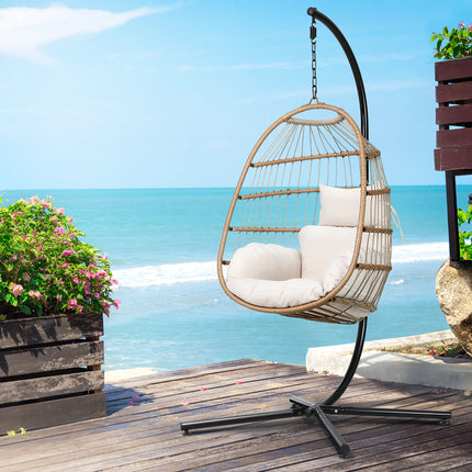 Gardeon Outdoor Egg Swing Chair Wicker Rope Furniture Pod Stand Foldable Yellow.