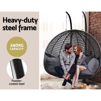 Gardeon Outdoor Egg Swing Chair Wicker Furniture Pod Stand Cushion 2 Seater Grey.
